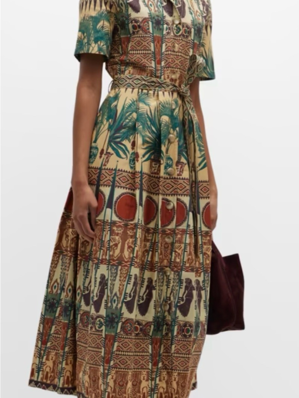 Emporio Sirenuse Cream Maxi Dress with Green & Brown Tribal Palm Print